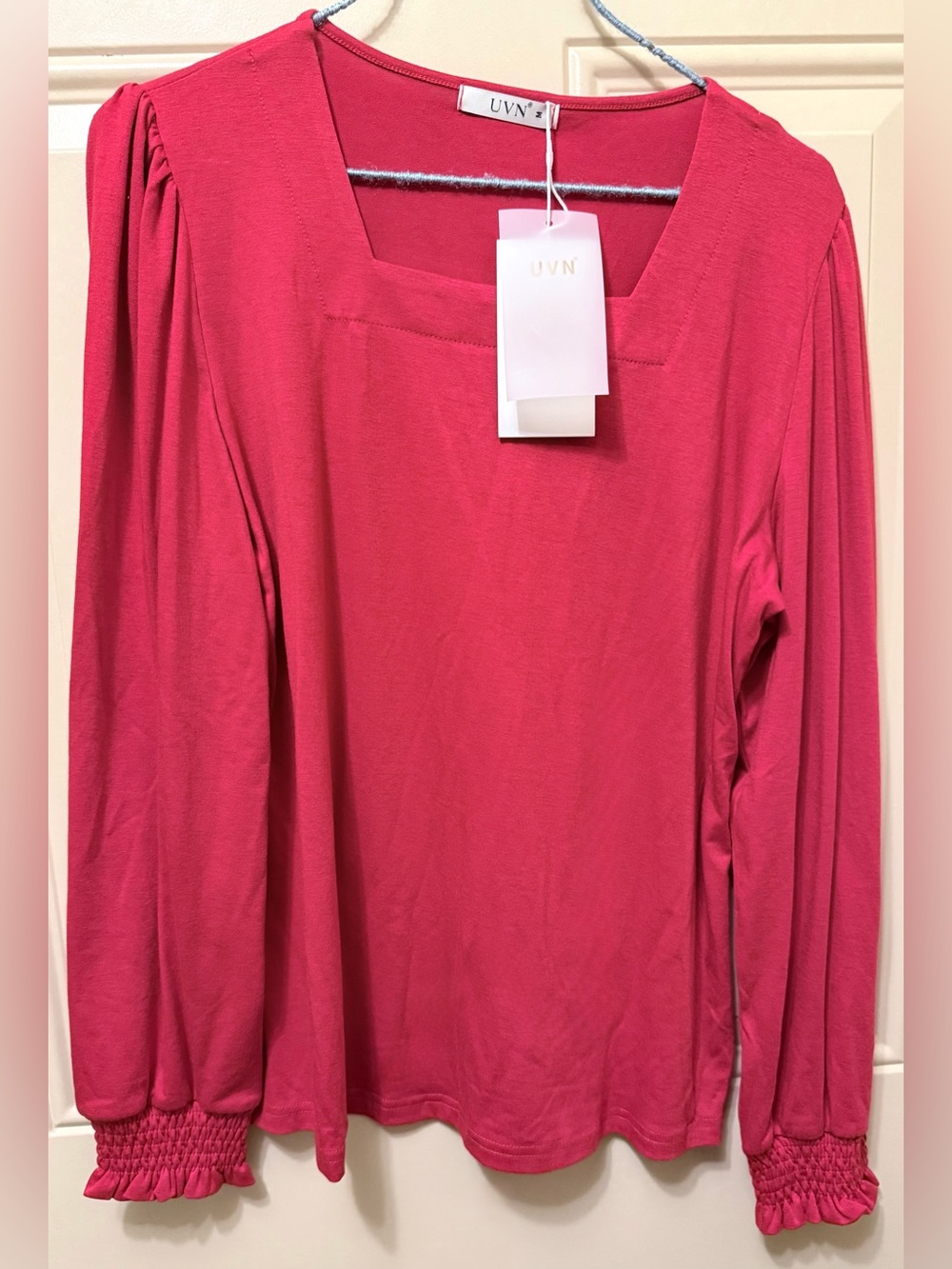 UVN Red Pullover Blouse with Squared Neck and Long Sleeves Smocked Cuffs Size M